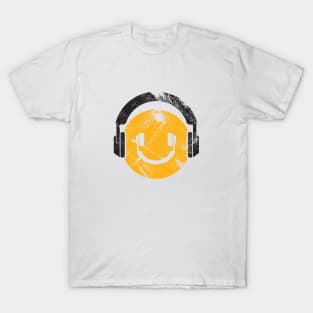 Happy Face Headphones Distressed Style T-Shirt